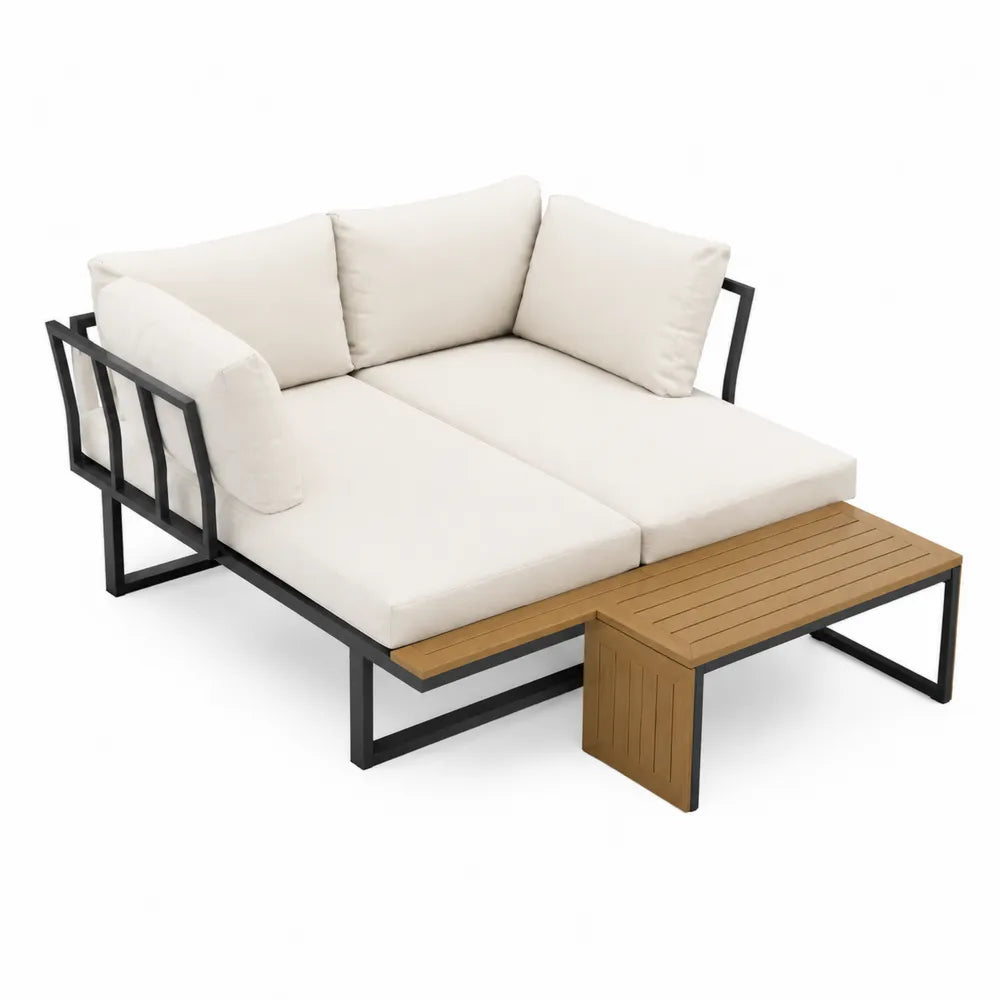 Sofa narożna z metalową ramą i stolikiem