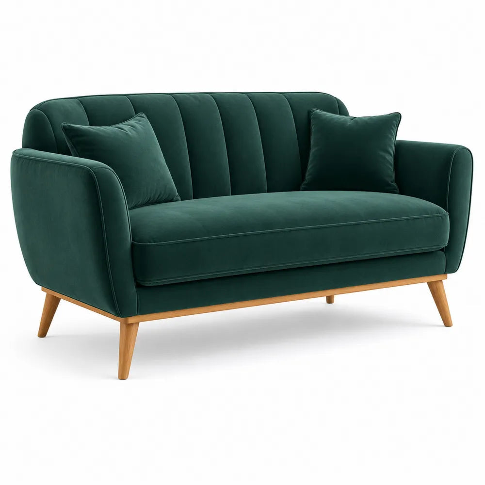 Sofa aksamitna zielona z drewnianymi nogami