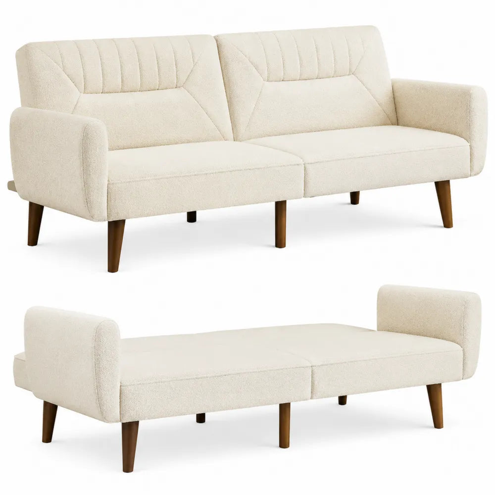 Sofa rozkładana tkaninowa kremowa z drewnianymi nogami