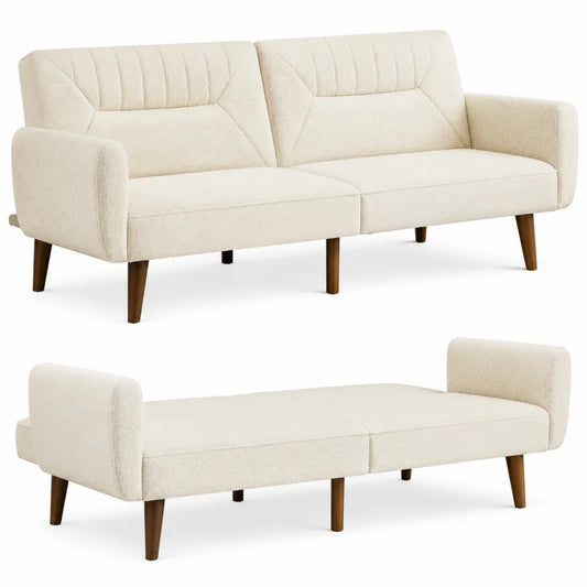 Sofa rozkładana tkaninowa kremowa z drewnianymi nogami