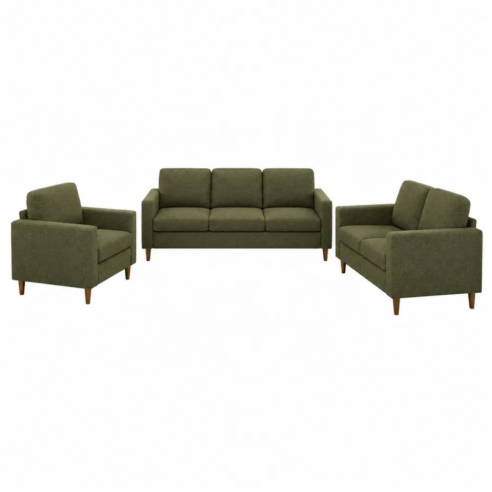 Zestaw mebli: sofa 3-osobowa, sofa 2-osobowa i fotel, zielony poliester, drewniane nogi