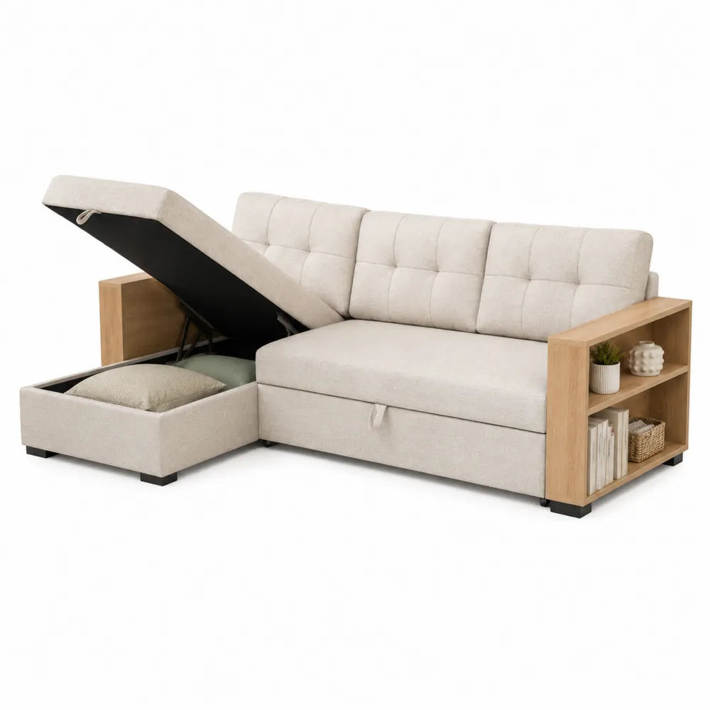 Rozkładana sofa z funkcją przechowywania beżowa