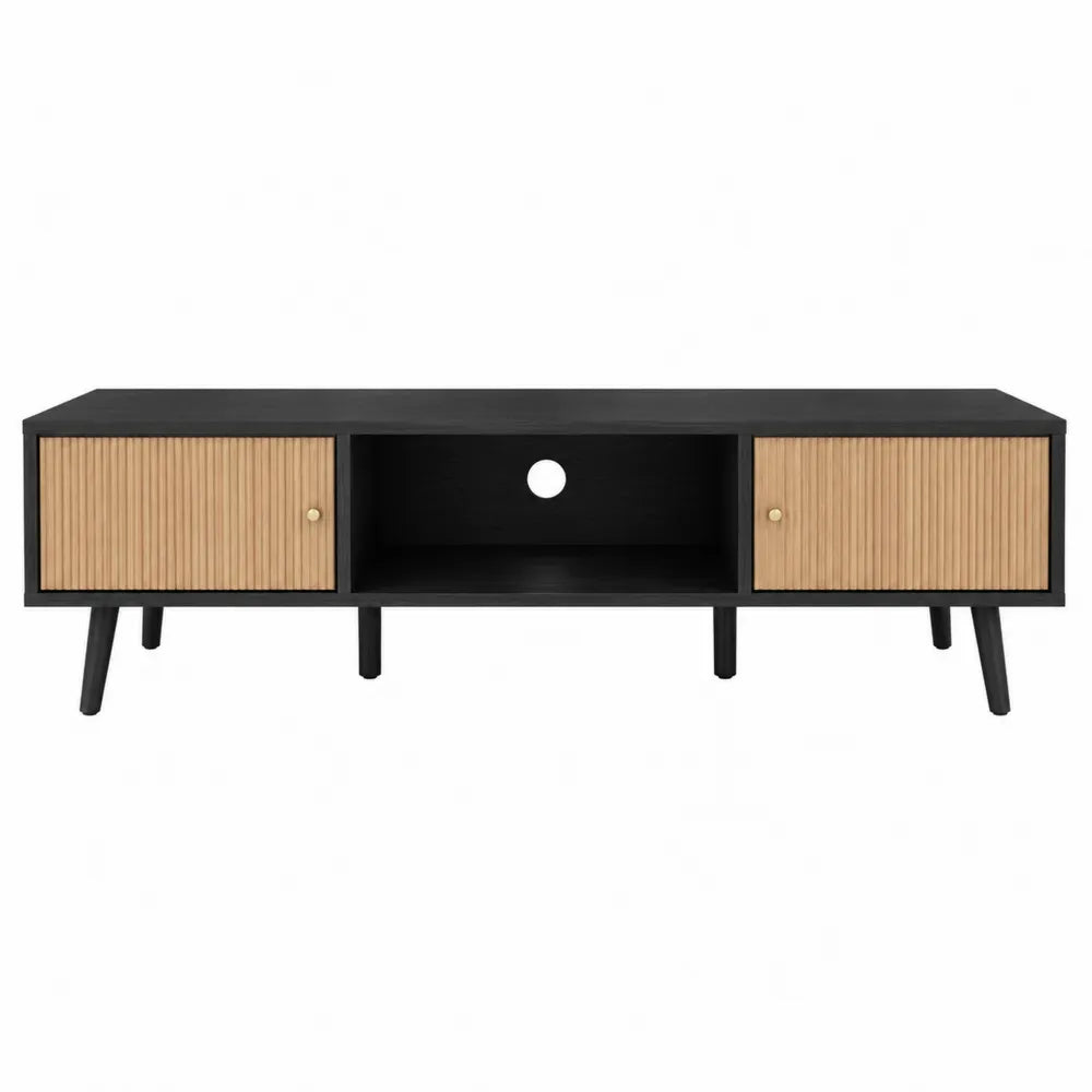 Szafka RTV z płyty MDF i drzwiami z drewna sosnowego czarna 120x40x45 cm