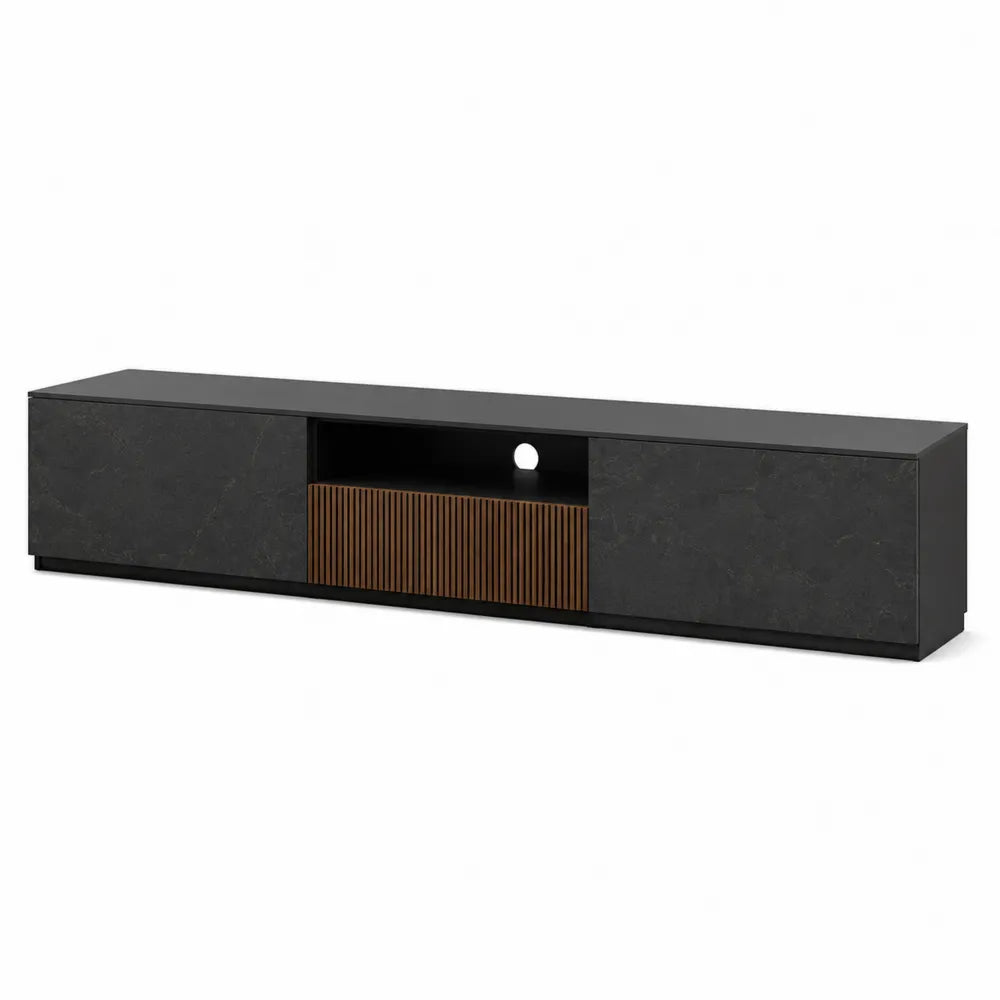 Szafka RTV z czarnego MDF z drewnianymi wstawkami 180x40x35 cm