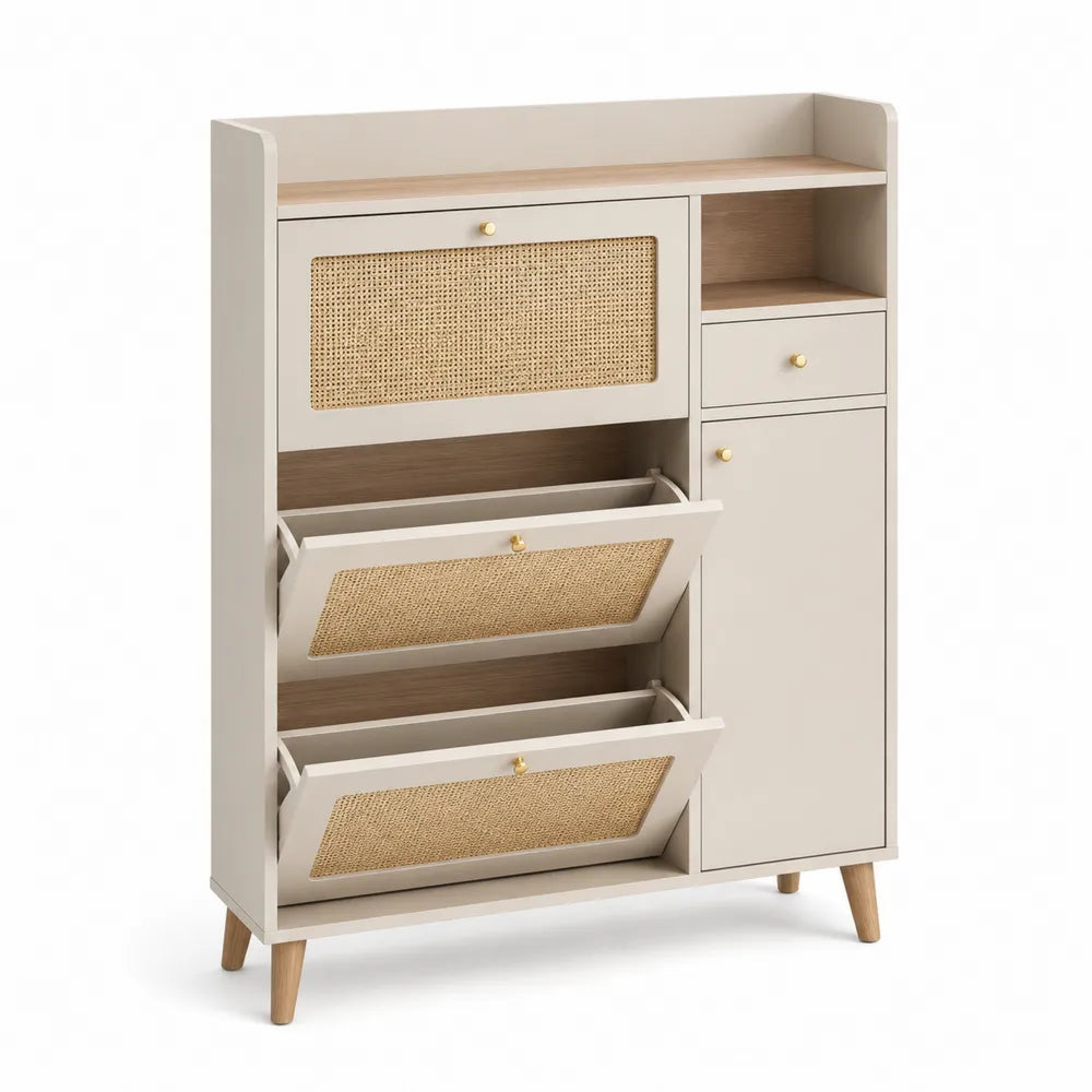 Szafka na buty z panelami wiklinowymi z MDF Beżowy 90x30x115 cm